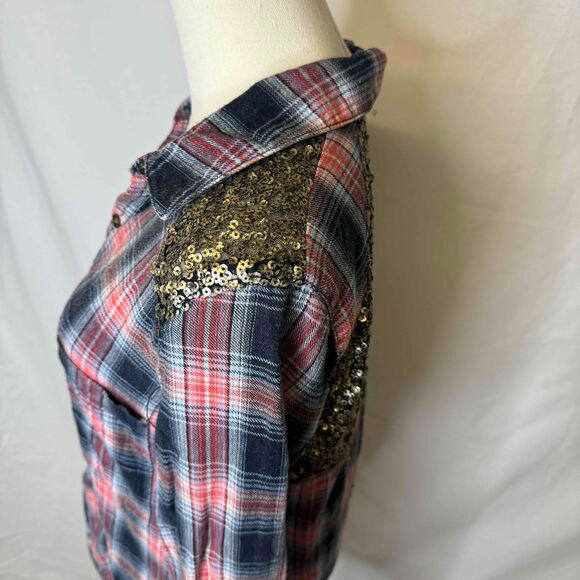 Free People Plaid Shirt Small Sequin Embellished Bohemian Western Mixed Media - Picture 6 of 14